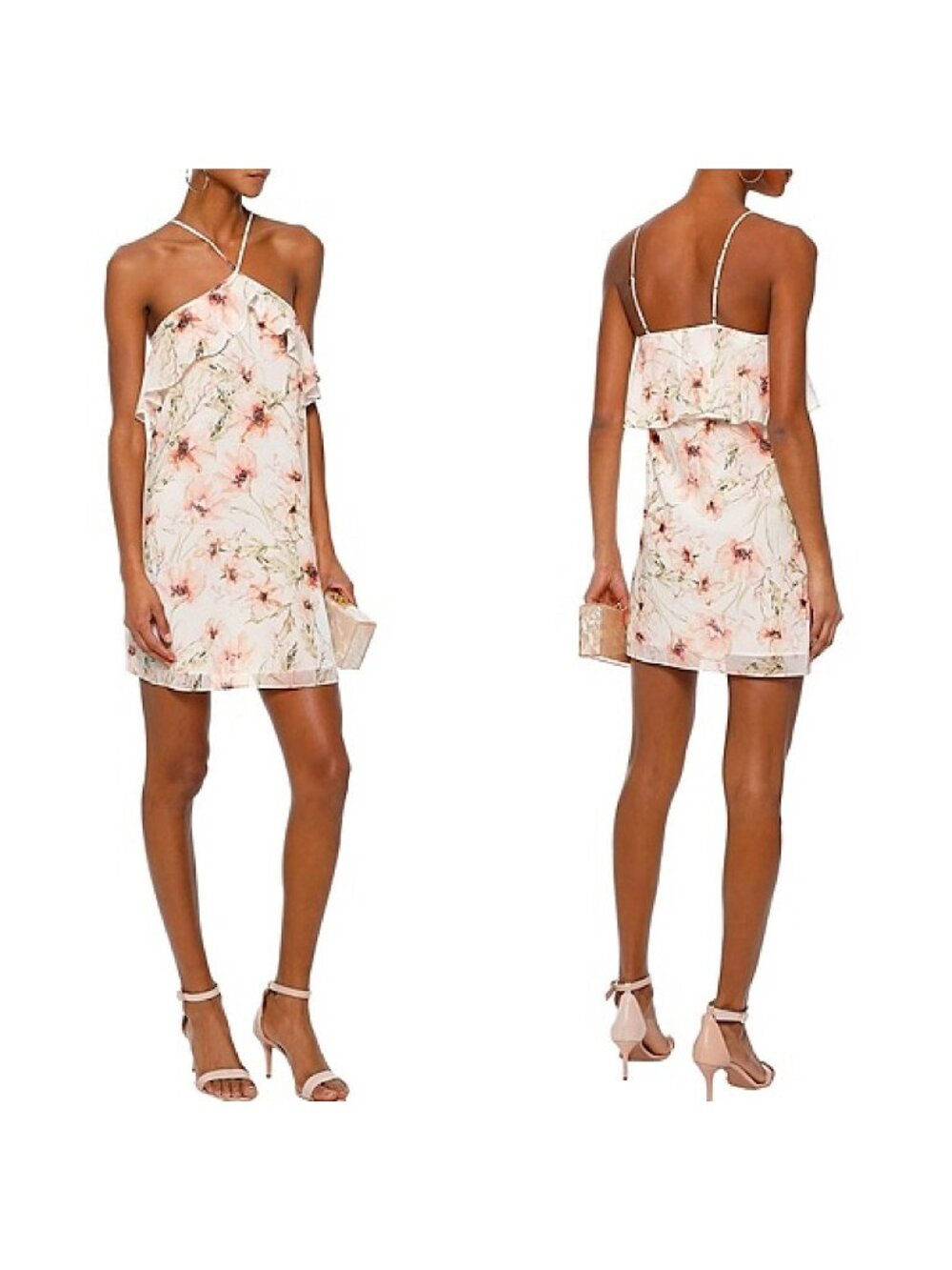 Haute hippie Ashbury floral Print Halter Sleeveless dress with ruffle detail, M